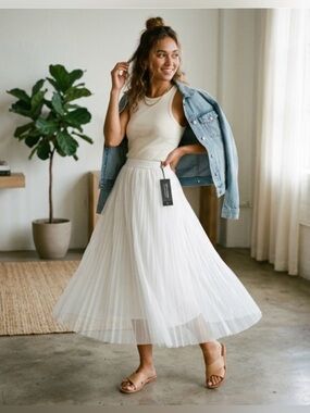 Jon & Anna Contemporary White Pleated Tulle Midi Skirt Size Large
